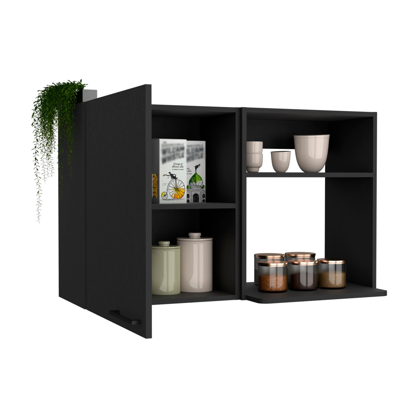 Black wooden wall cabinet with glass storage jars and ceramic cups