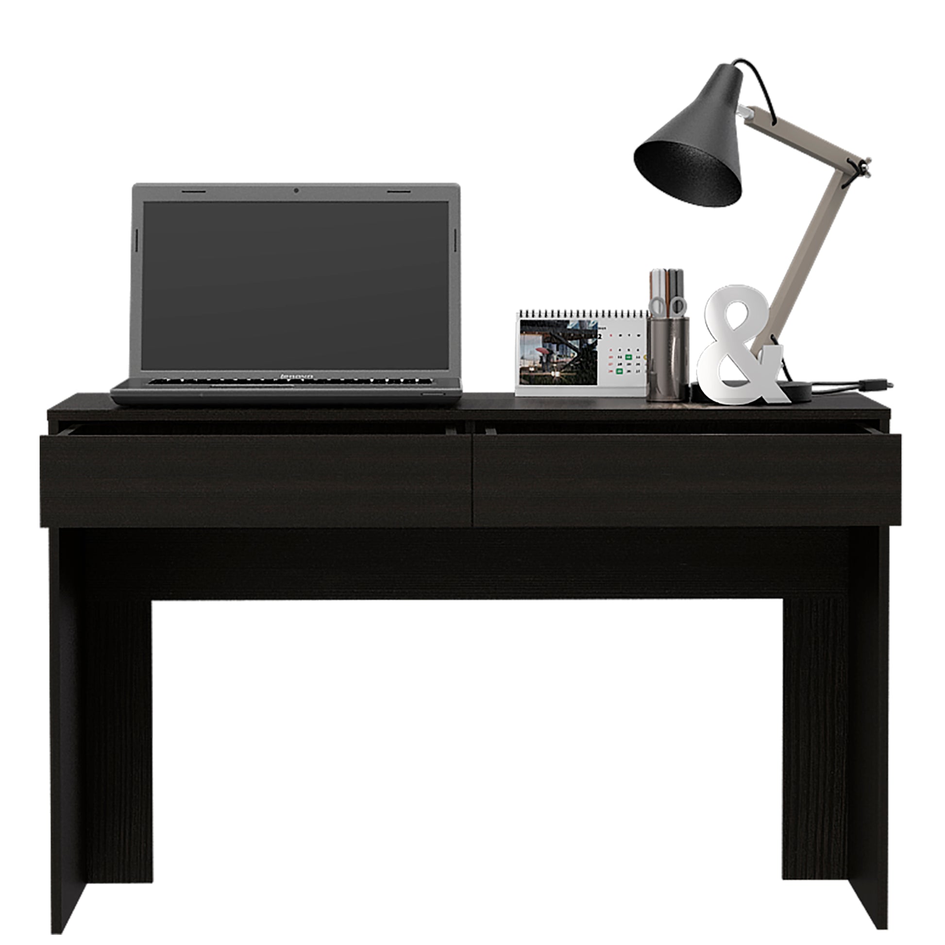 Dark wood minimalist writing desk with laptop lamp and calendar