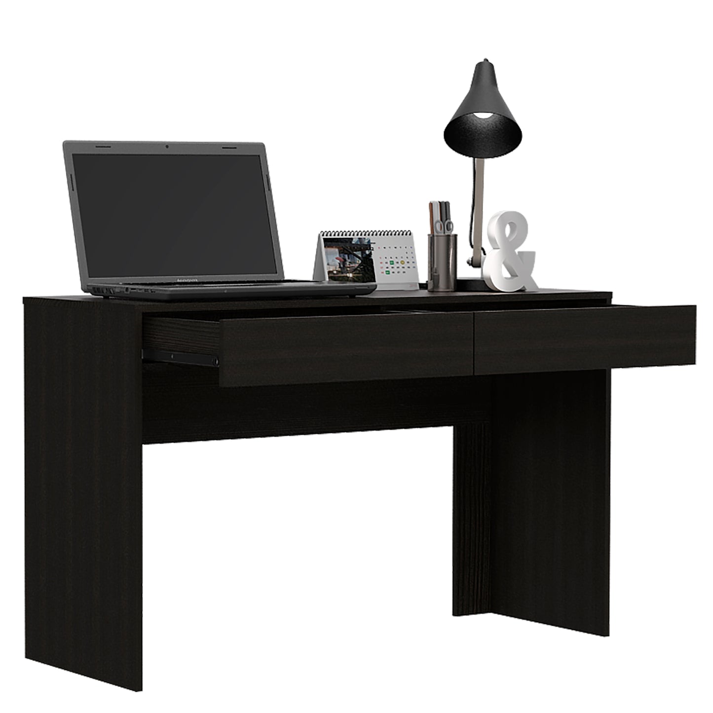Dark wood computer desk with one open drawer and a laptop