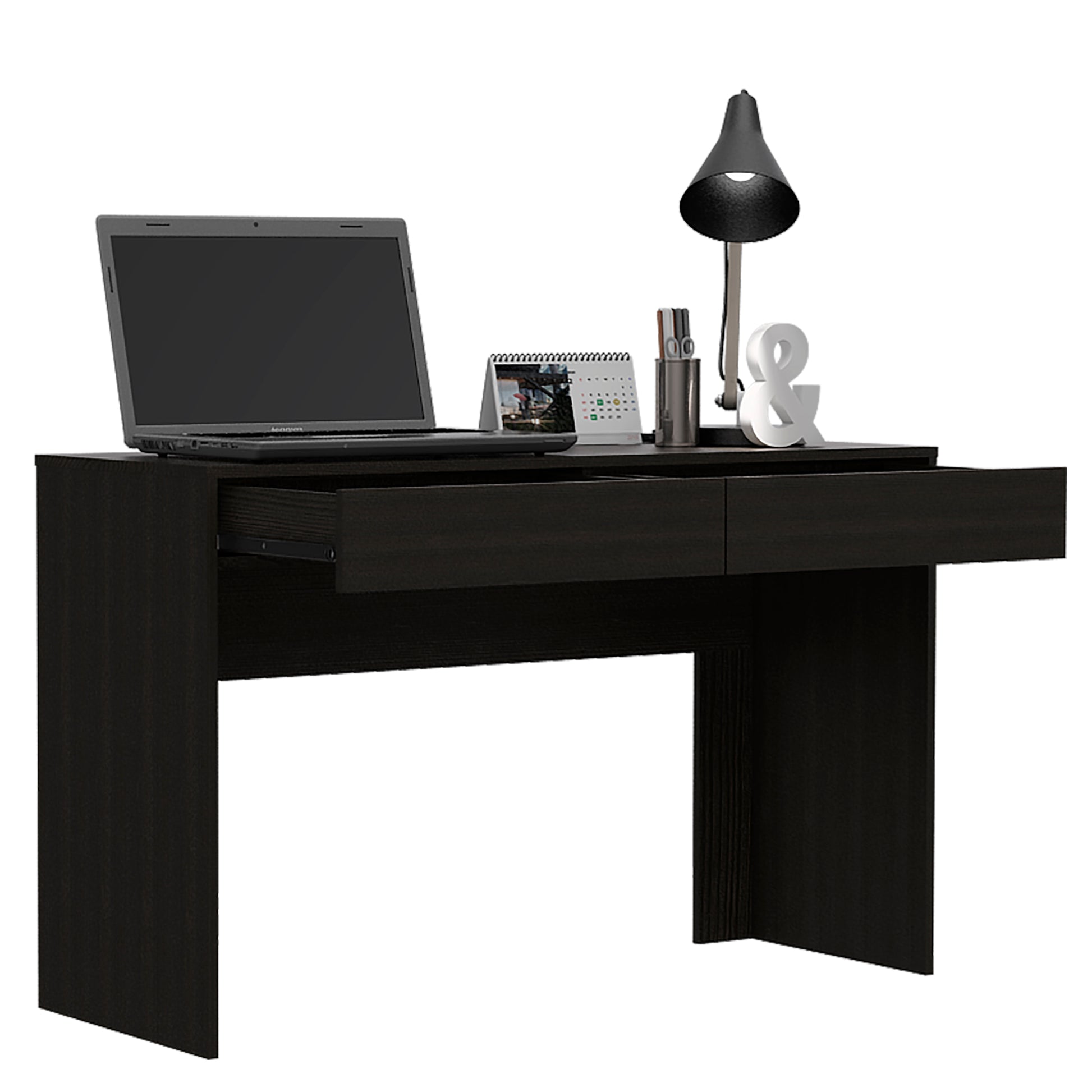 Dark wood computer desk with one open drawer and a laptop