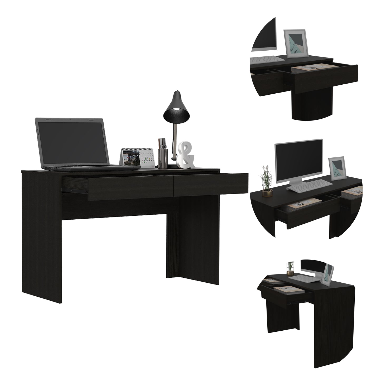 Sleek dark wood writing desk with laptop and open drawer