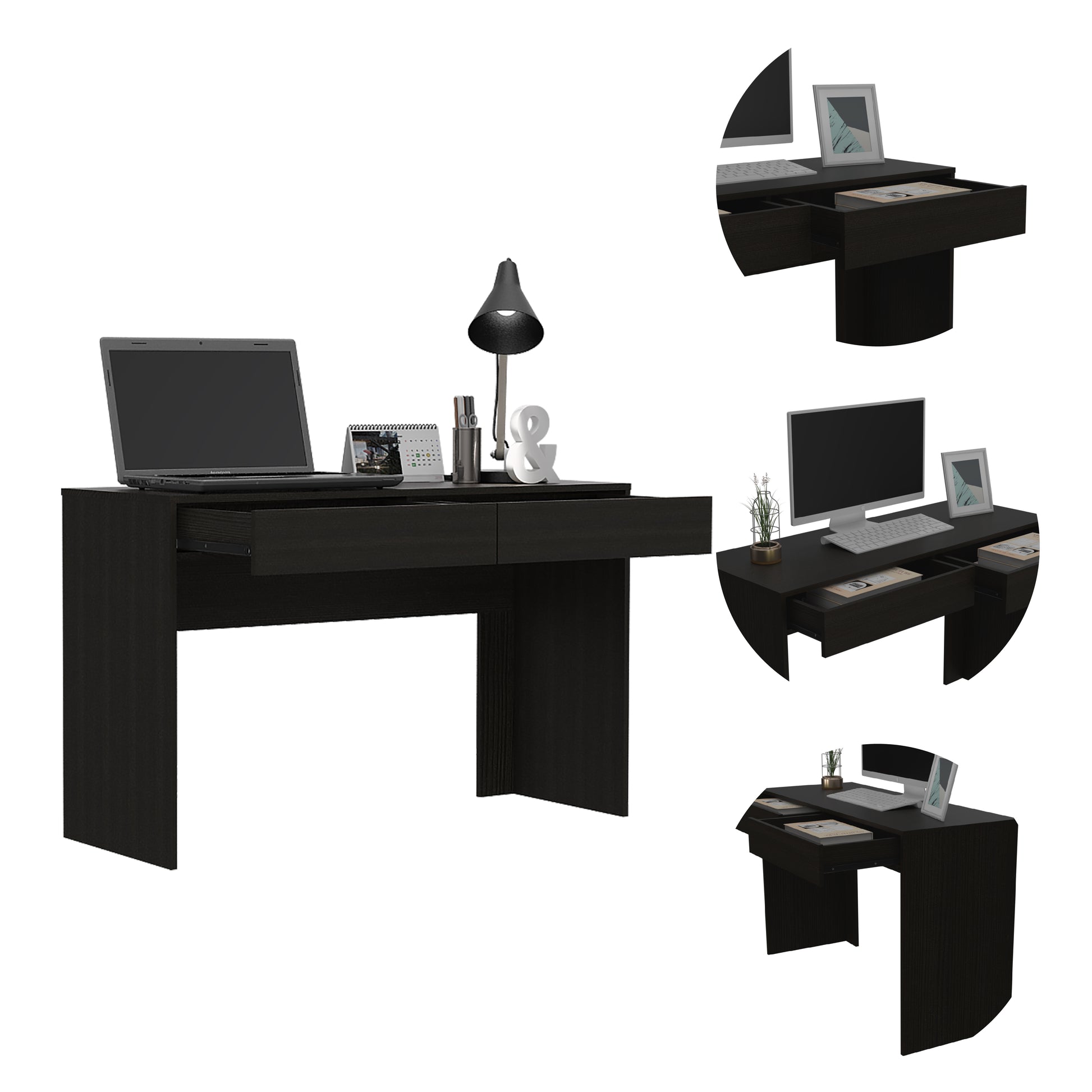 Sleek dark wood writing desk with laptop and open drawer