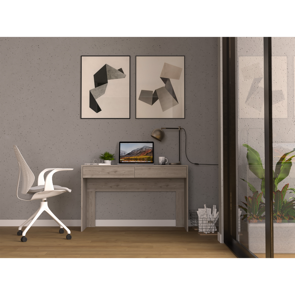 Modern grey wood desk with drawers and laptop on textured wall background