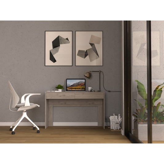 Modern grey wood desk with drawers and laptop on textured wall background