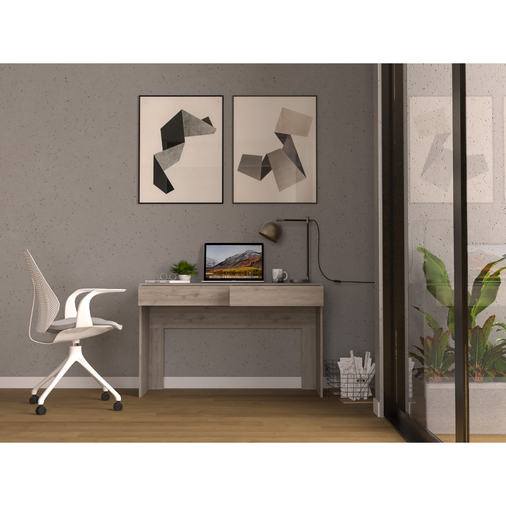 Modern light wood grain desk with a sleek white office chair
