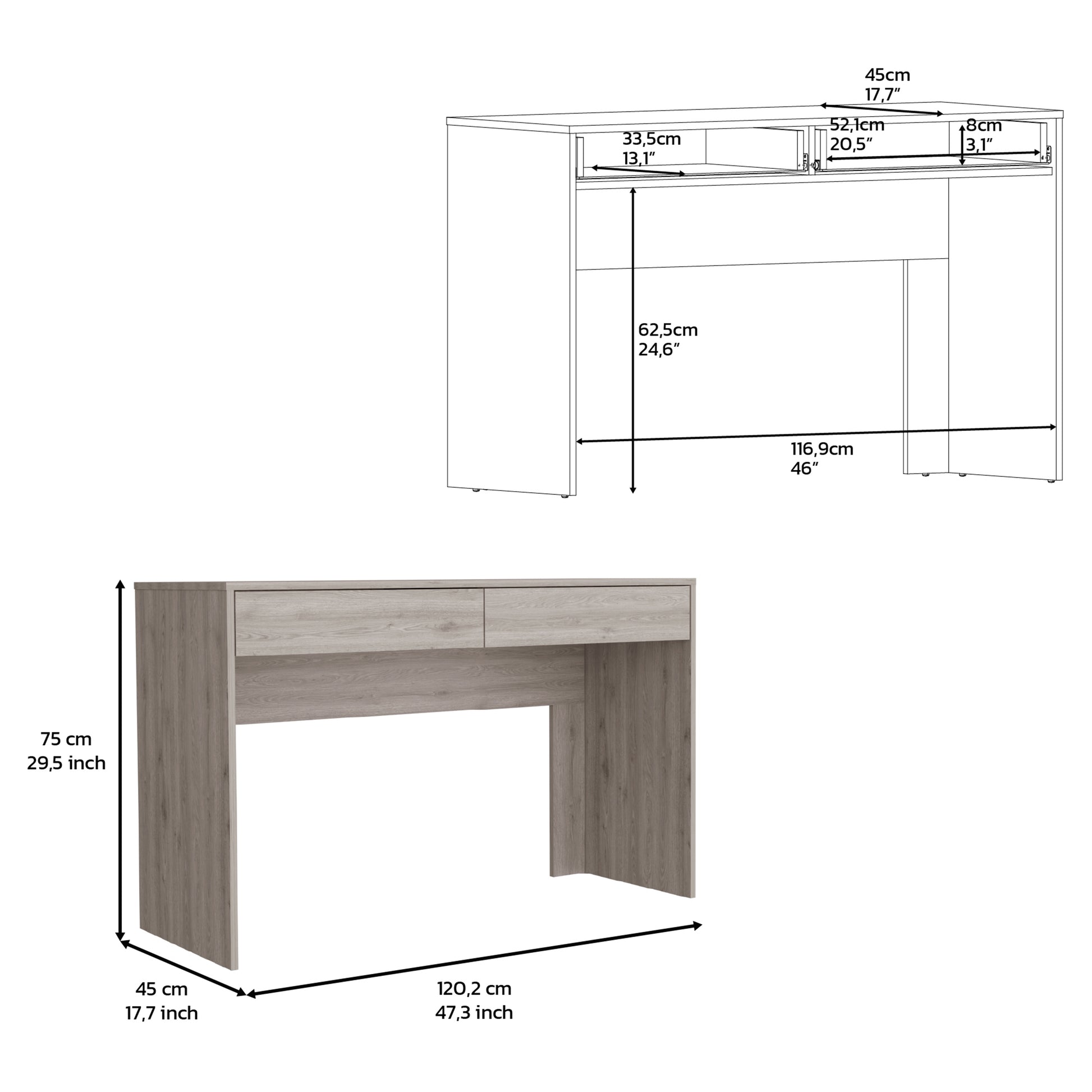 Modern grey oak veneer desk with two drawers cm width cm height
