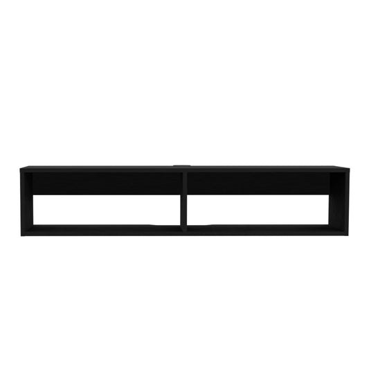 Sleek black wallmounted shelf with two open compartments perfect for modern living rooms