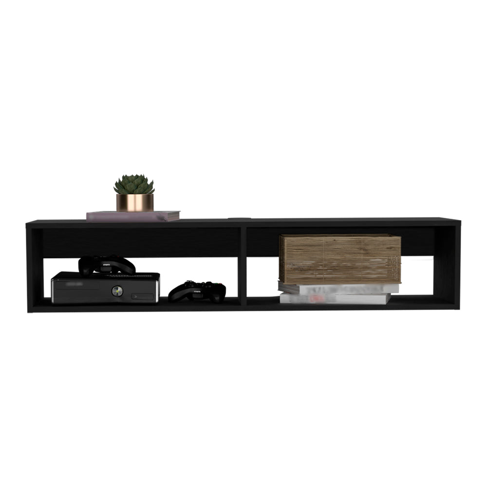 Modern black wallmounted entertainment unit with game consoles and plant