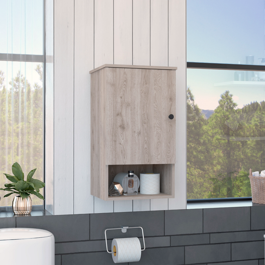 Light wood grain bathroom wall cabinet with open shelf holding toiletries
