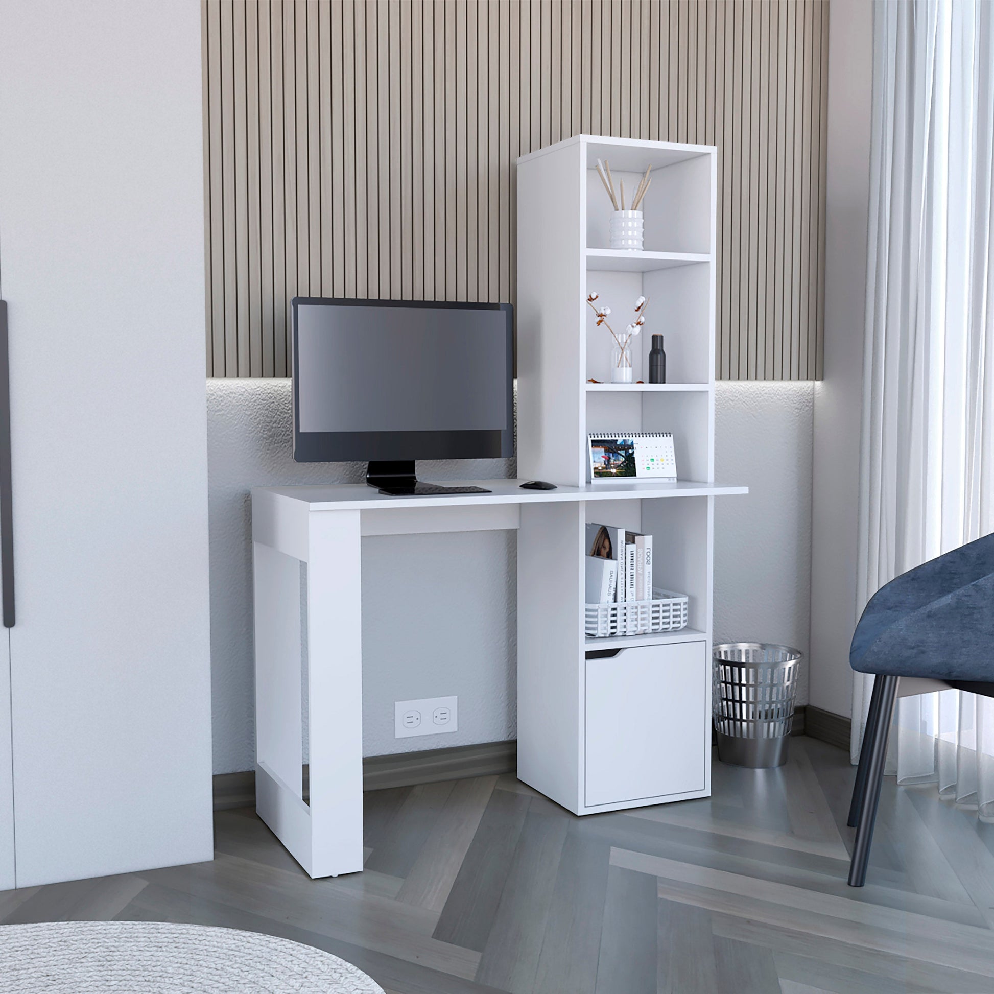 White modern desk with integrated bookshelf and computer setup