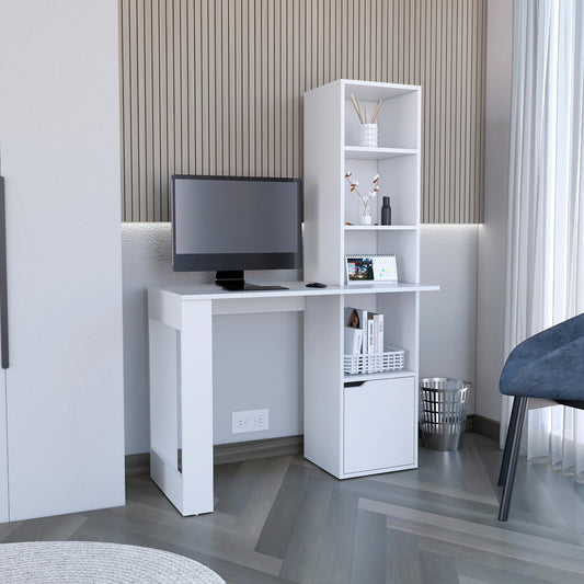 White modern desk with integrated bookshelf and computer setup