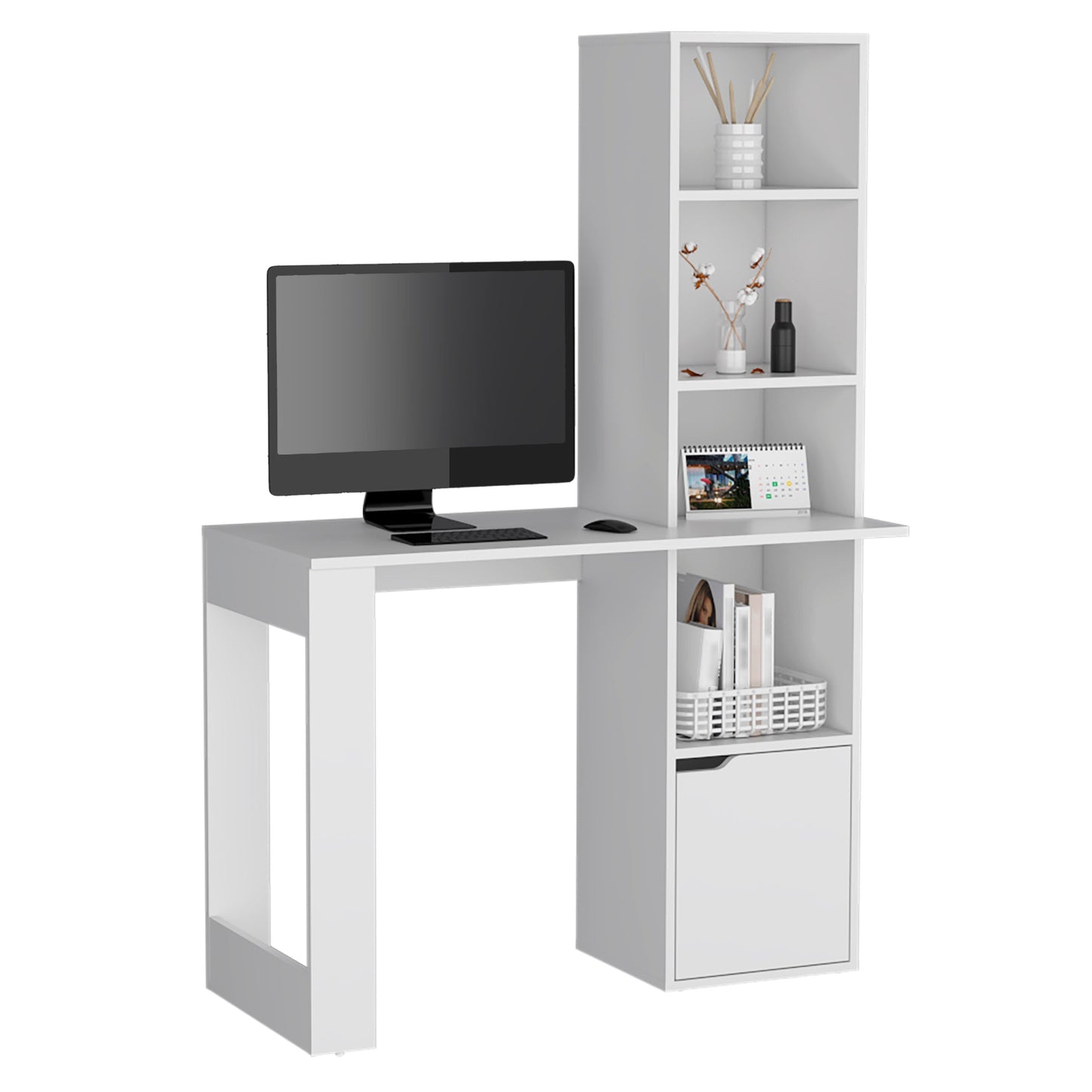 White modern computer desk with integrated shelving and storage cabinet