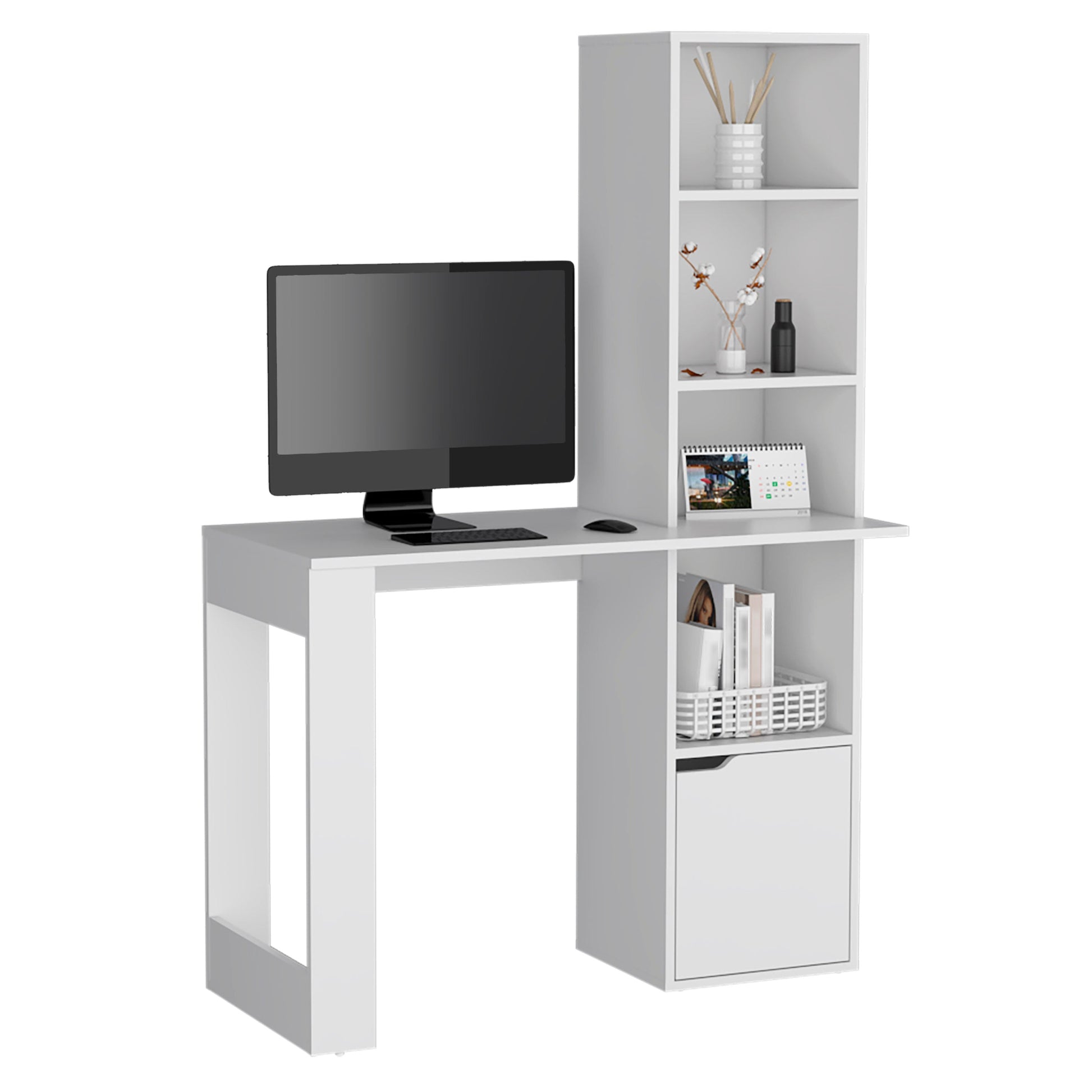 White modern computer desk with integrated shelving and storage cabinet