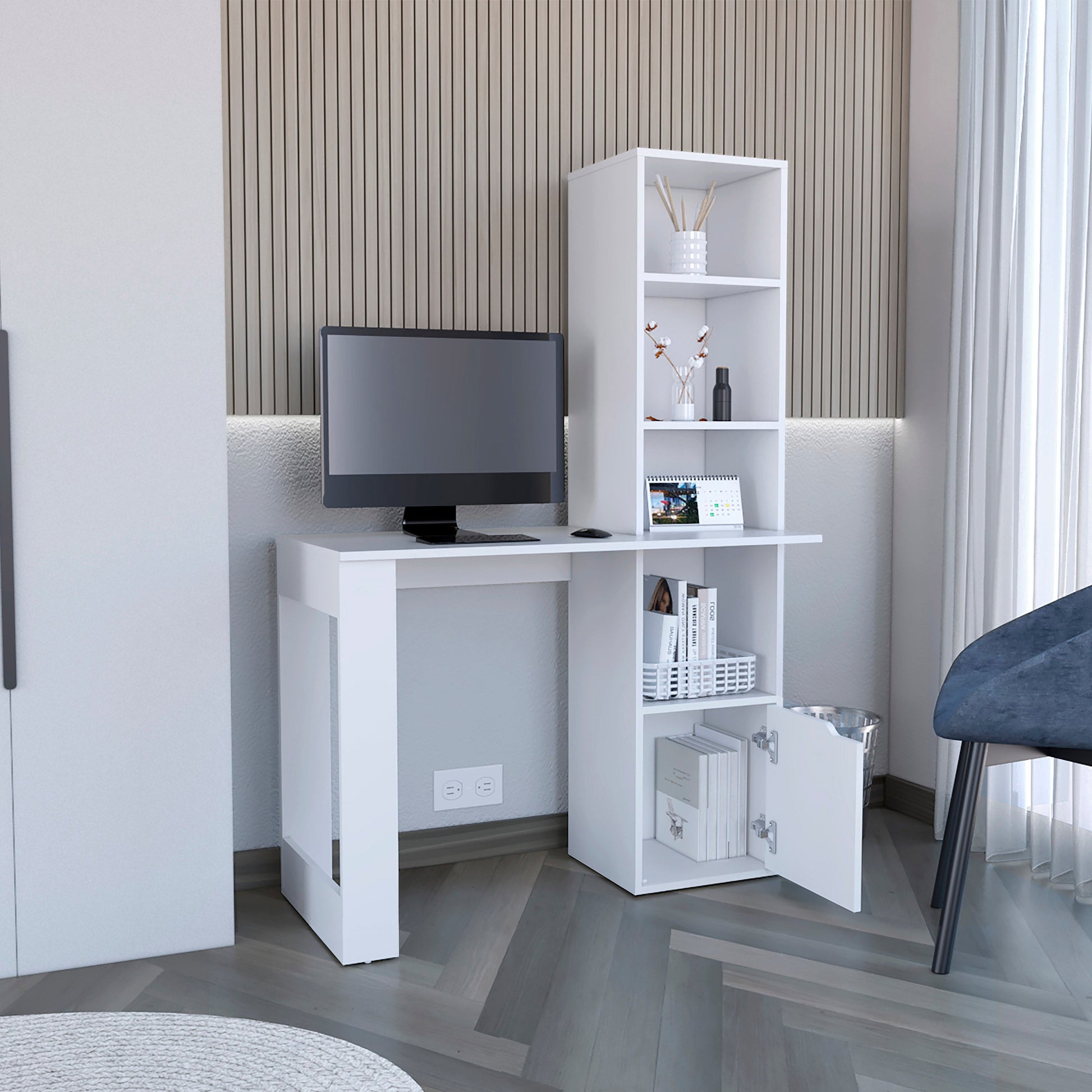 White computer desk with integrated bookshelf and a monitor