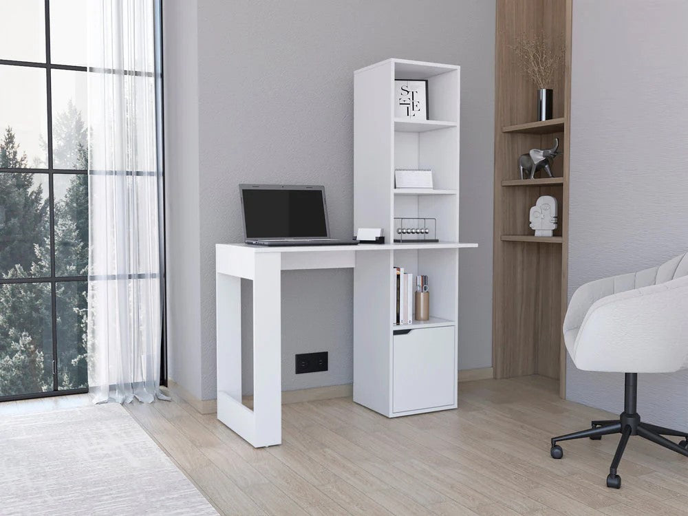 White modern desk with integrated shelving and a laptop on top