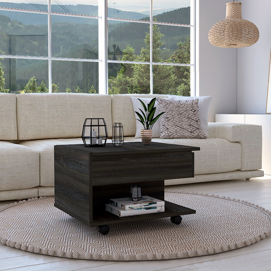 Dark wood modern coffee table with storage drawer and open shelf on wheels