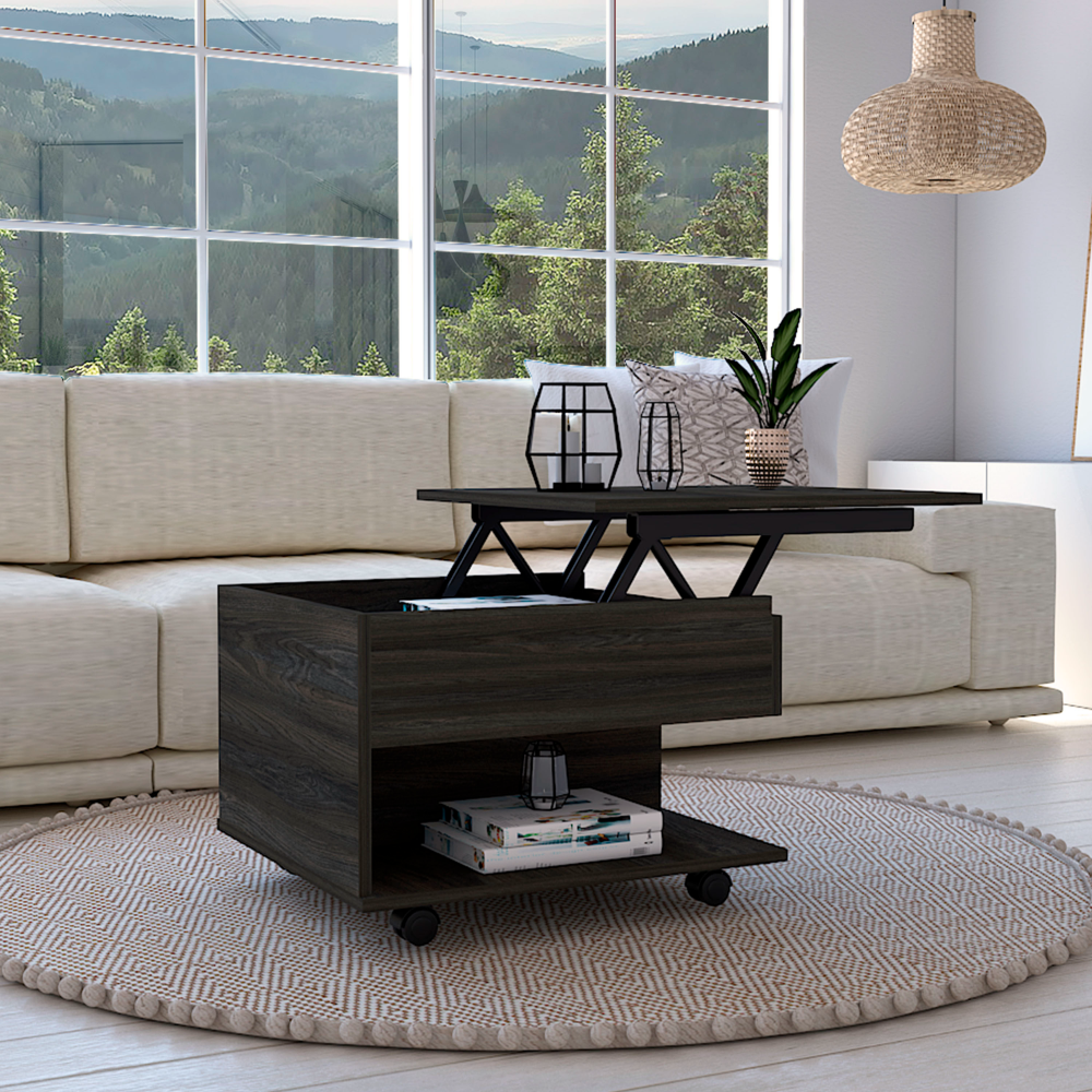 Dark wood lifttop coffee table with storage and wheels in living room