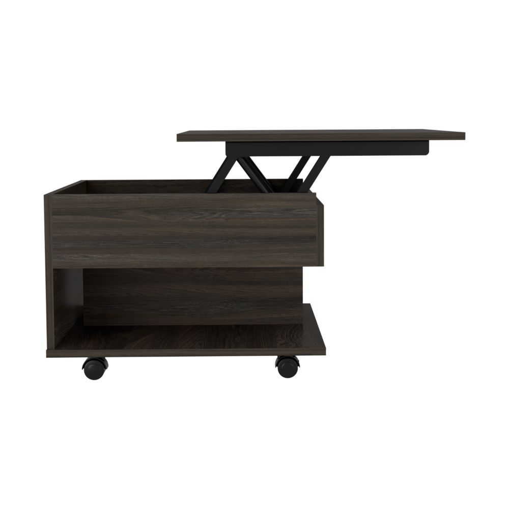 Dark oak lift top coffee table with hidden storage and wheels for mobility