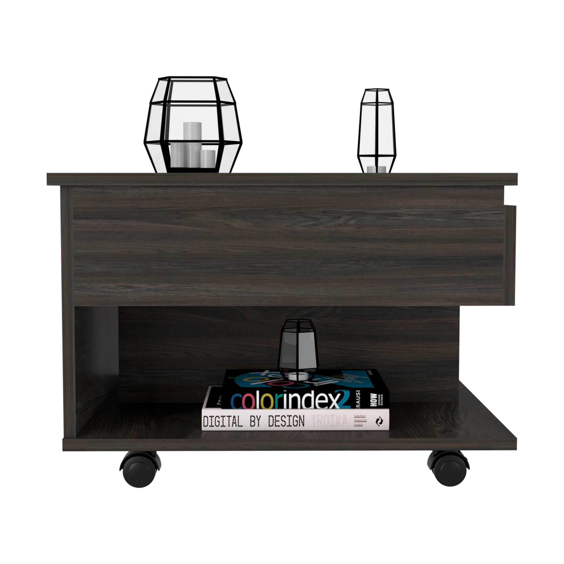 Dark wood lifttop coffee table with open shelf and black casters featuring modern design