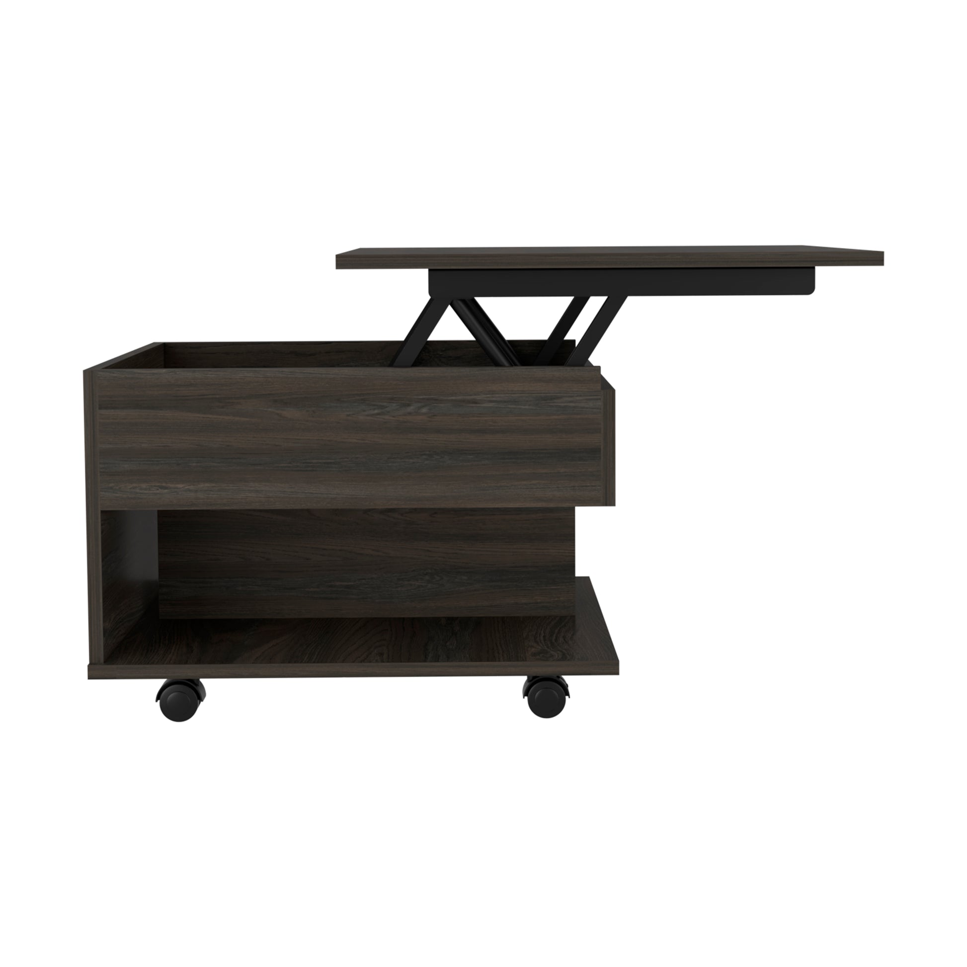 Dark wood lift top coffee table with metal mechanism on wheels functional for living rooms