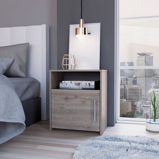 Modern grey wood nightstand with silver handle and open shelf