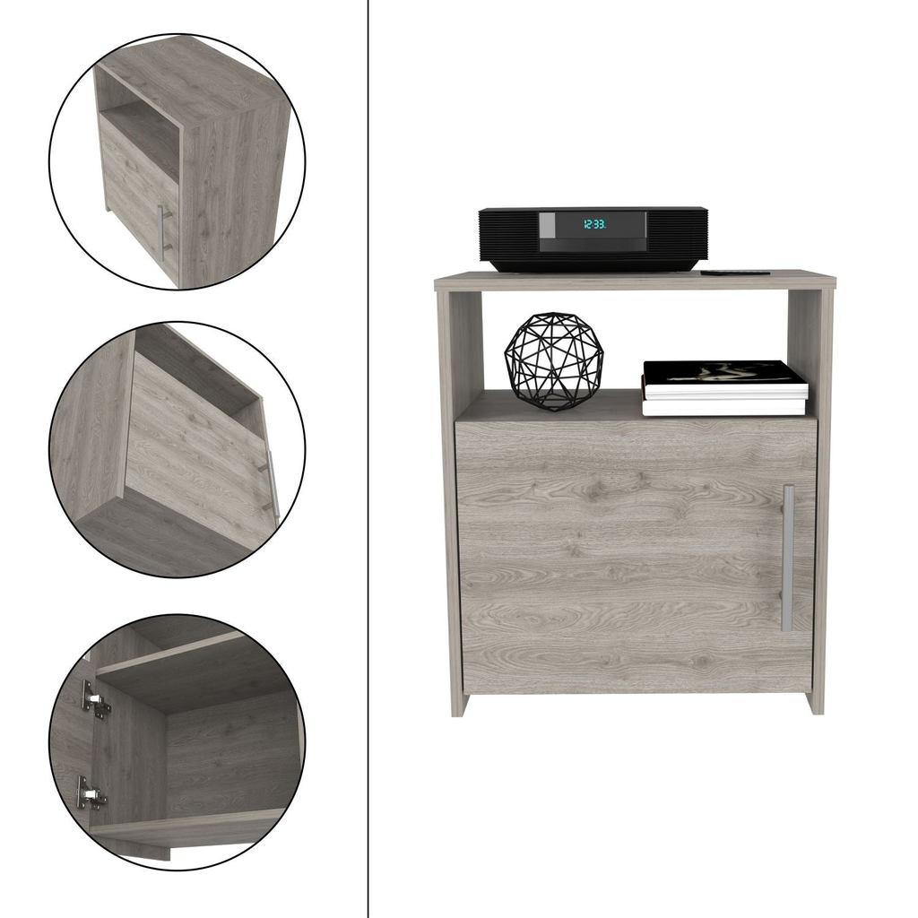 Gray wood nightstand with single door and open shelf