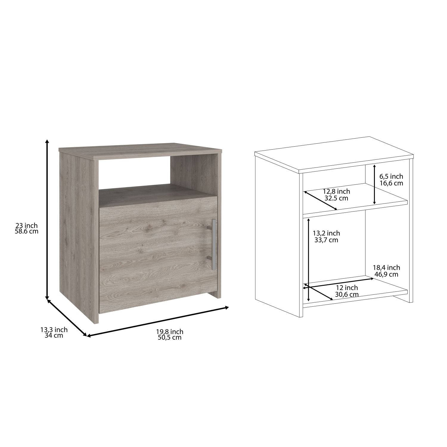 Gray wood grain nightstand with one drawer and open shelving  inches high