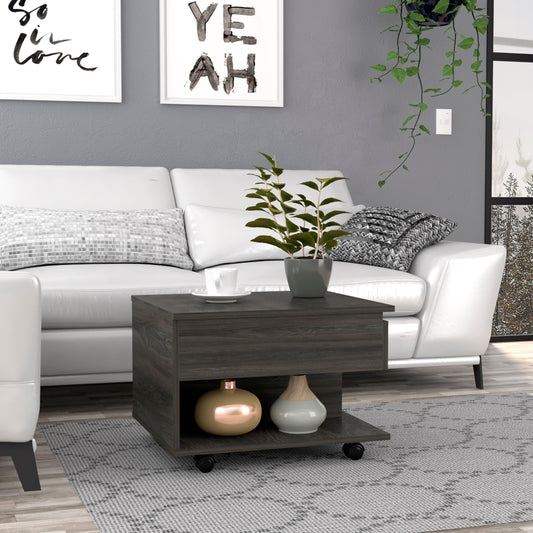 Dark wood grain coffee table with hidden drawer and open shelf on wheels