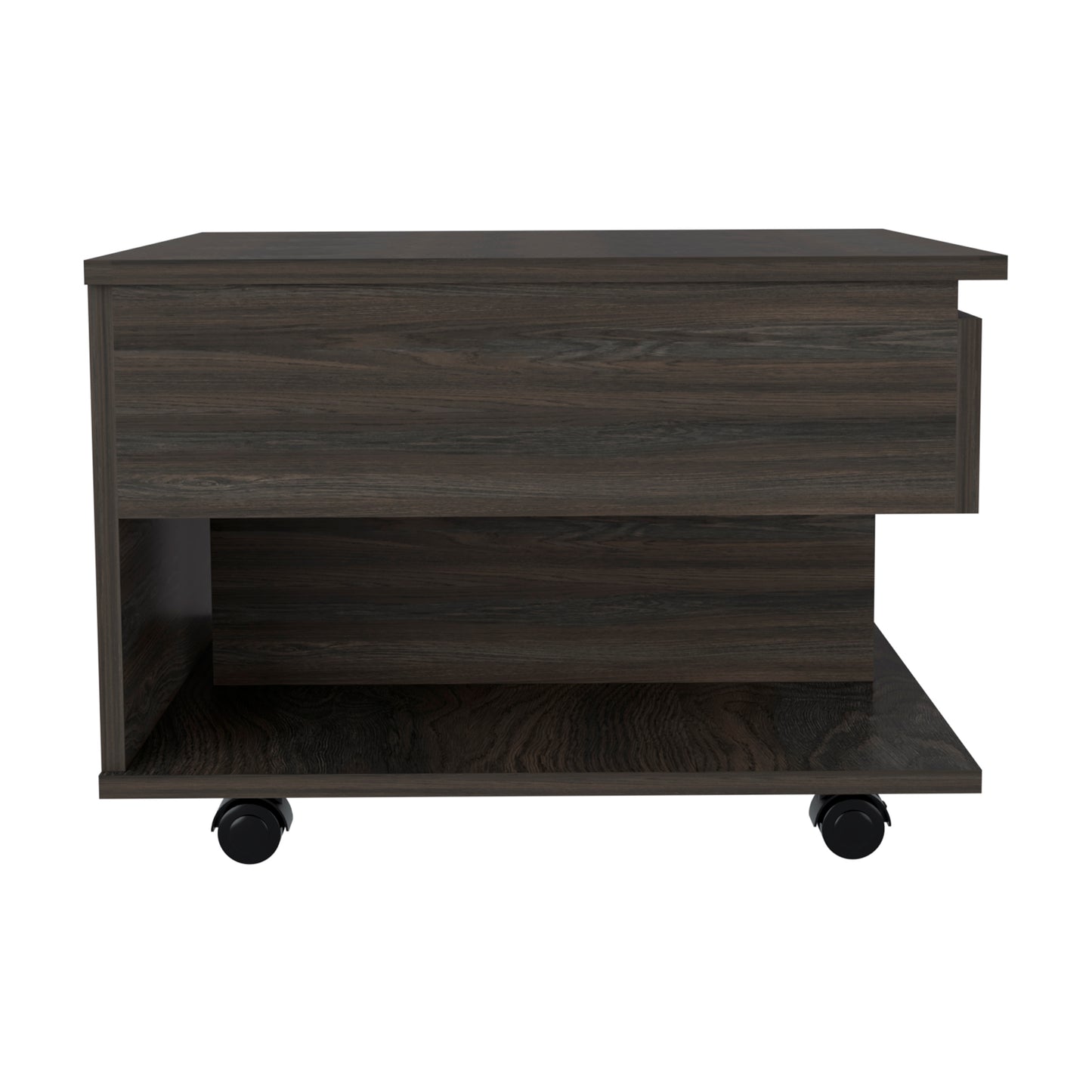 Dark wood coffee table with drawer and open shelf on black casters