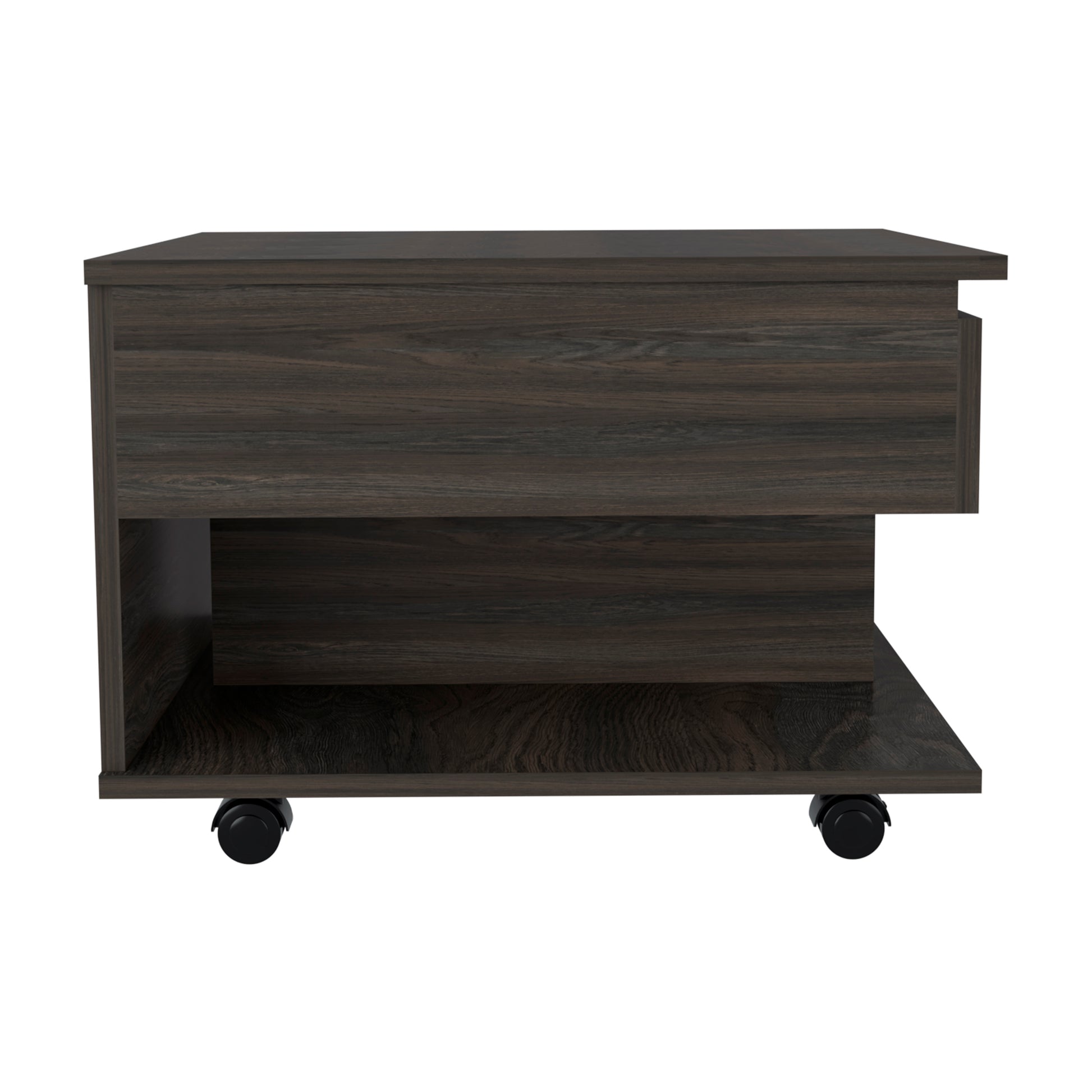 Dark wood coffee table with drawer and open shelf on black casters