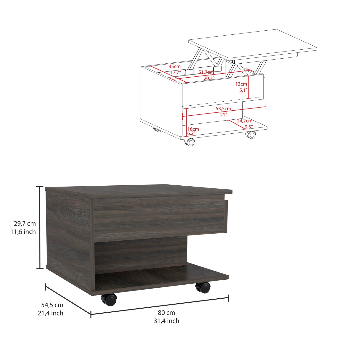 Dark wood lift top coffee table with hidden storage and wheels