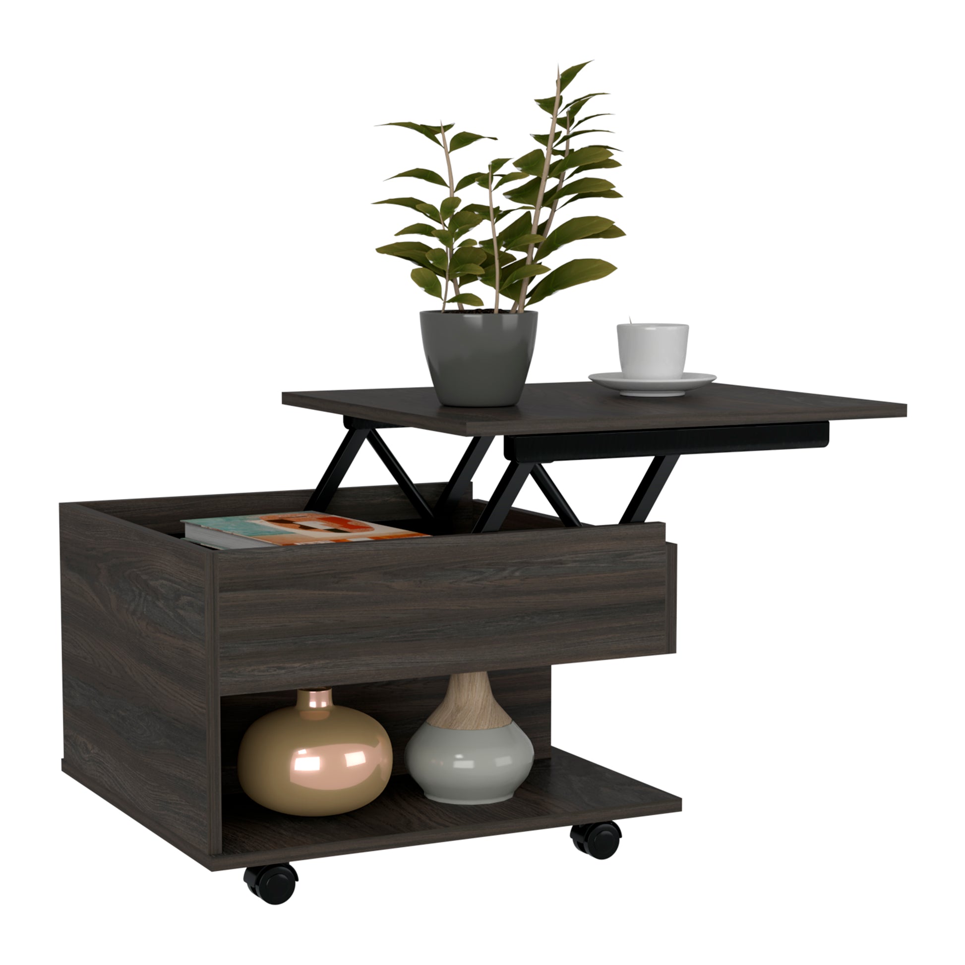 Dark wood lifttop coffee table with storage wheels and decorative vases