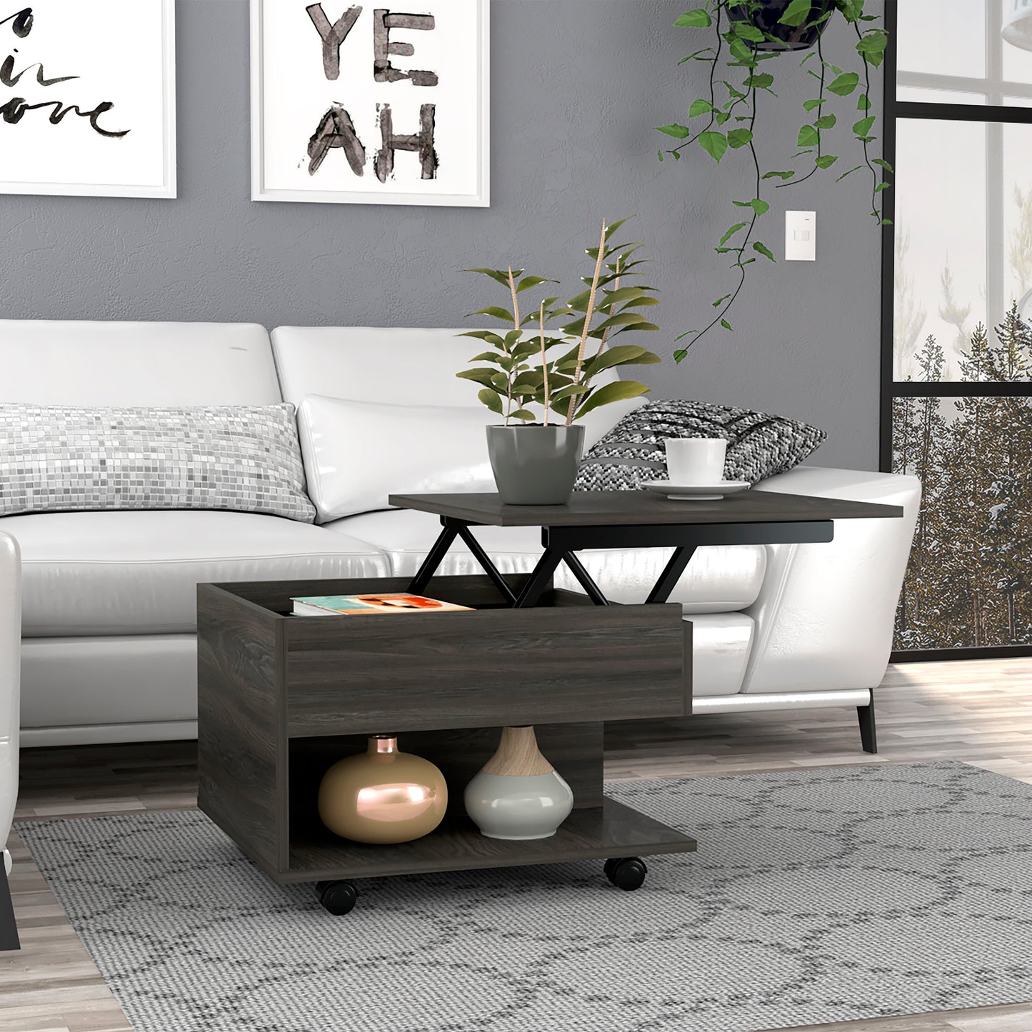Dark wood lifttop coffee table with ample storage and caster wheels for easy mobility
