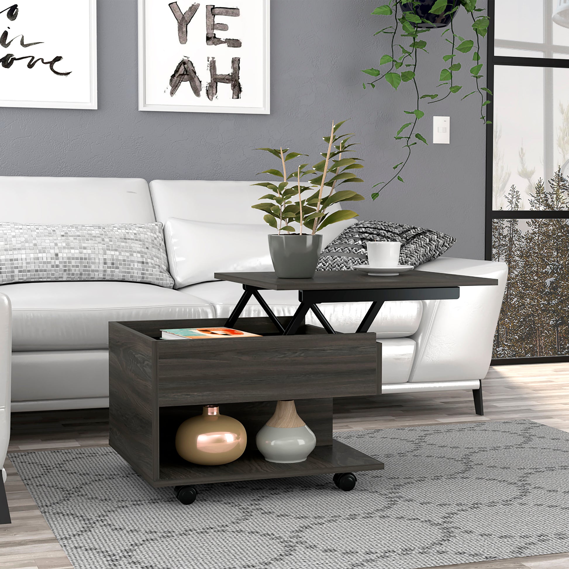 Dark wood lifttop coffee table with ample storage and caster wheels for easy mobility