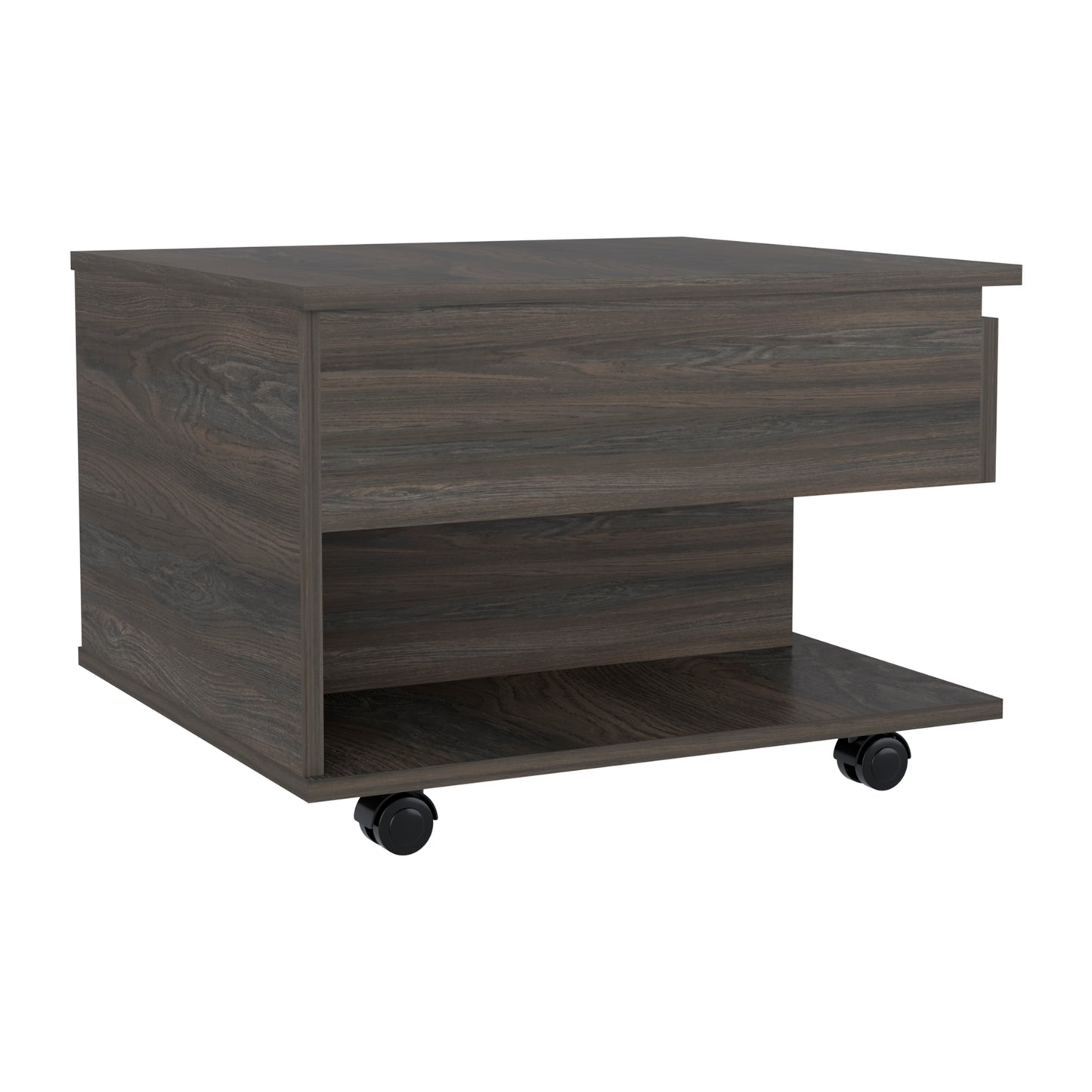 Dark wood grain rolling side table with a drawer and open shelf