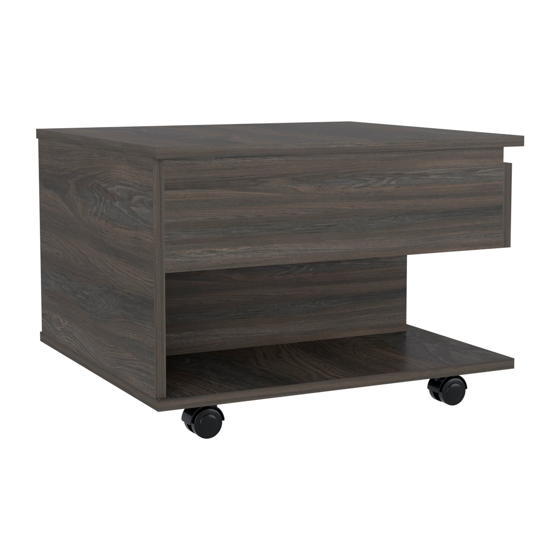 Dark wood grain rolling side table with a drawer and open shelf