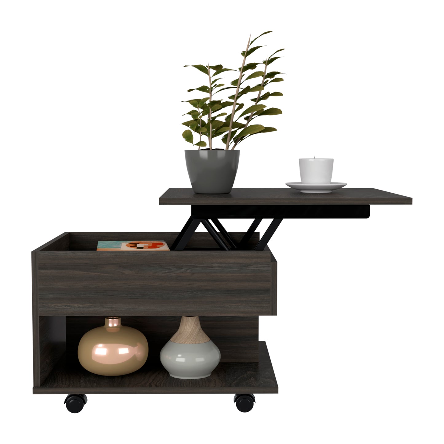 Dark wood lift top coffee table with rolling casters and modern design