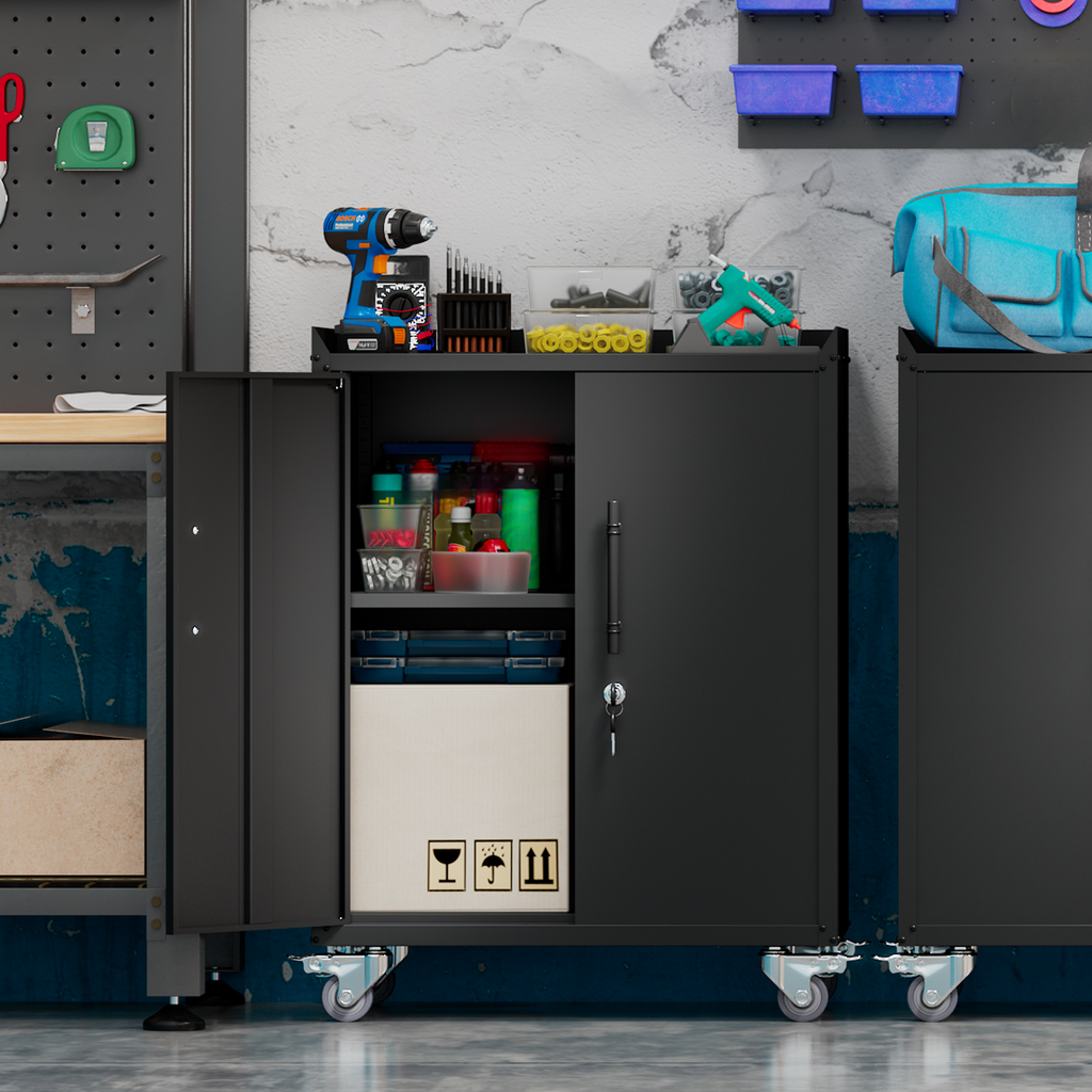 Black metal tool cabinet with open doors showcasing organized storage bins and a package