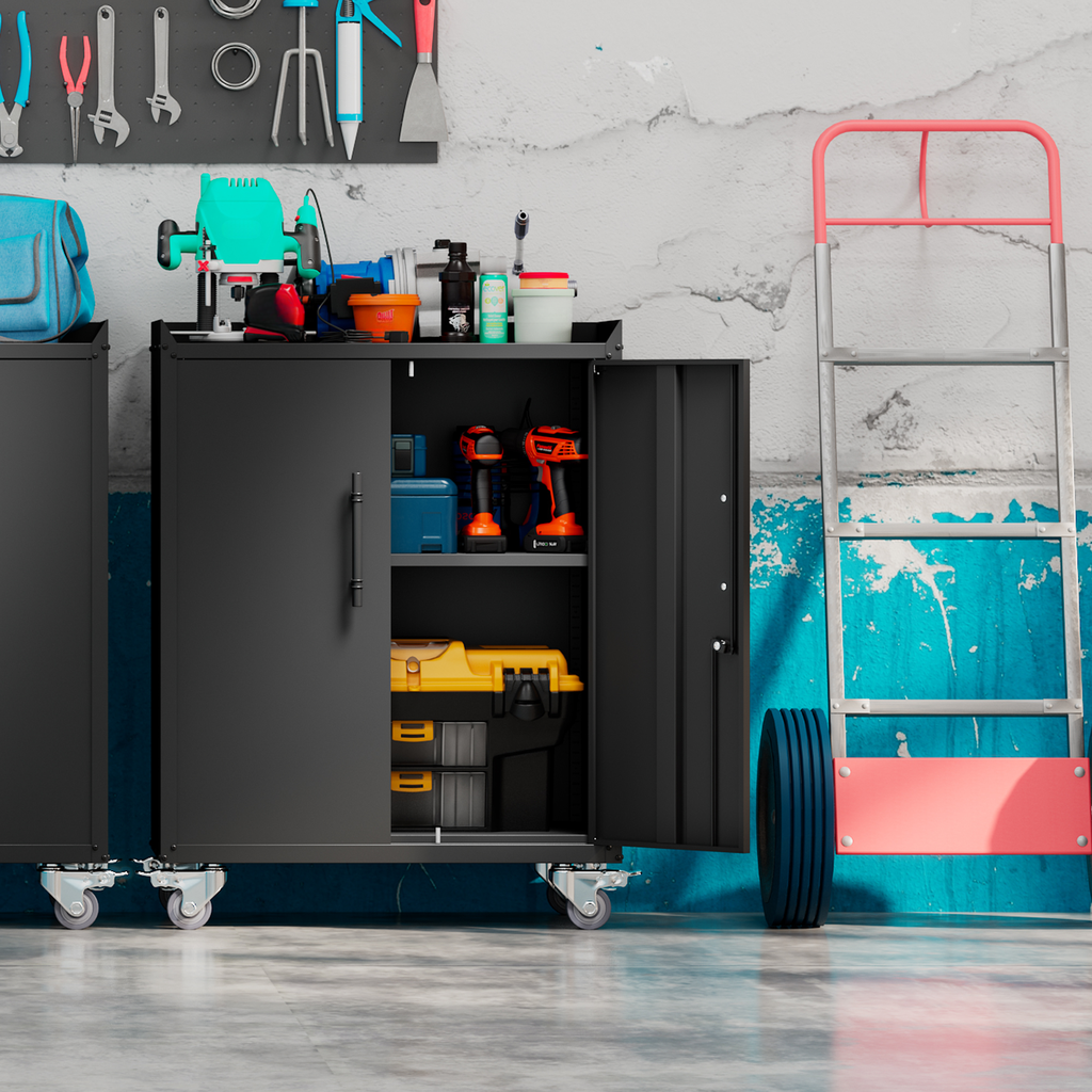 Compact black metal tool cabinet with open doors storing drills and a yellow case