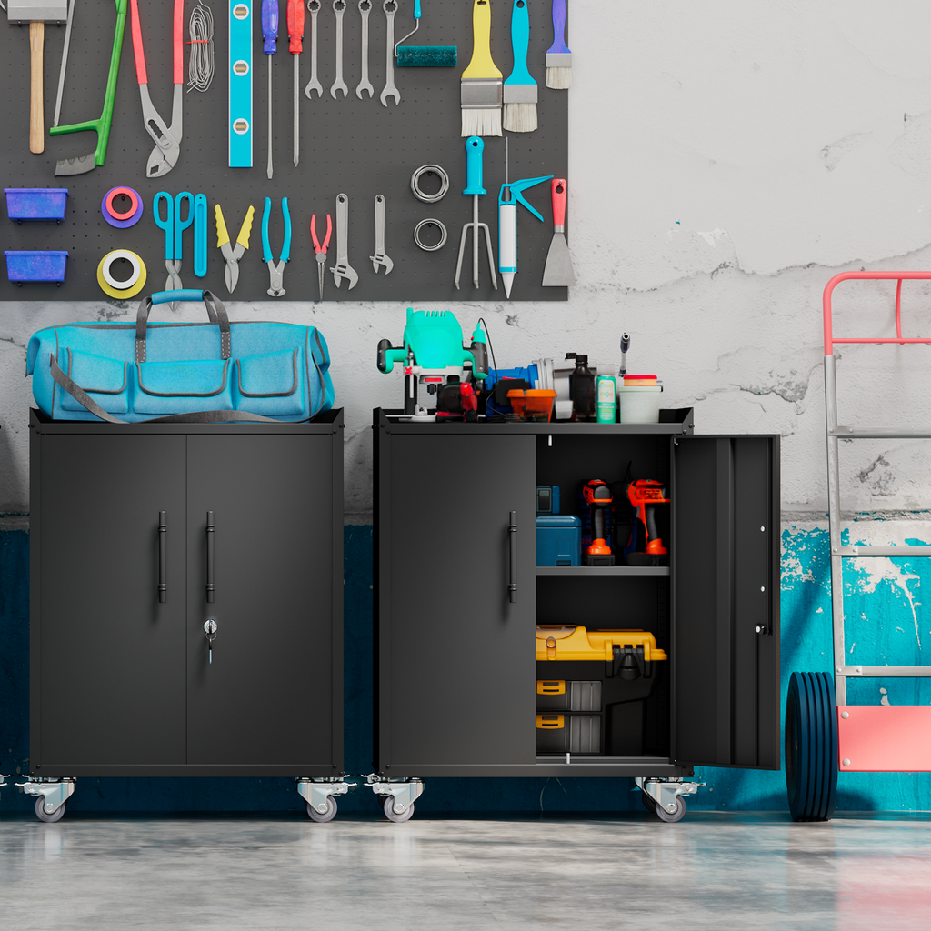 Black metal tool cabinet with casters holding drills and toolboxes