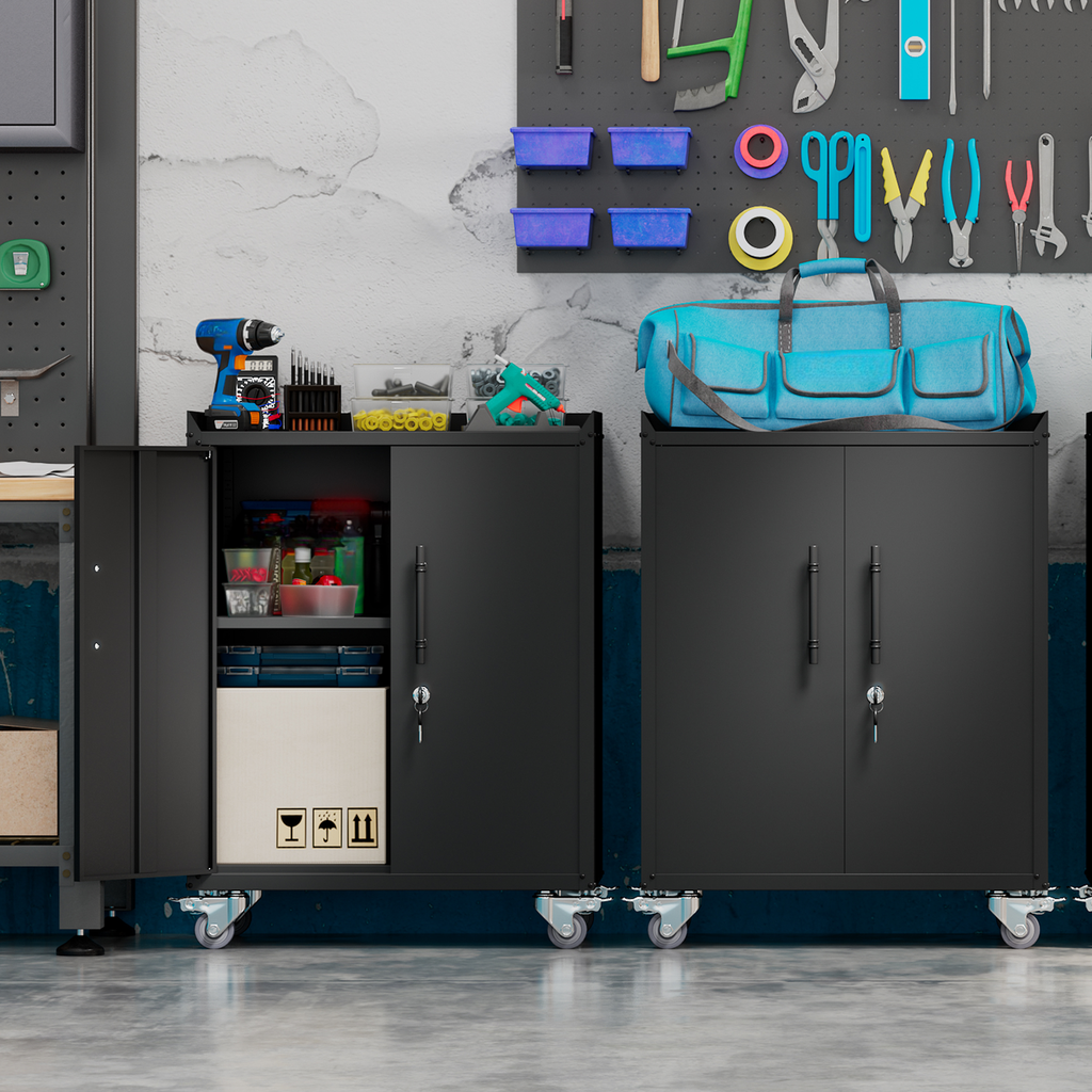 Black metal garage cabinet with open door revealing tools and storage bins