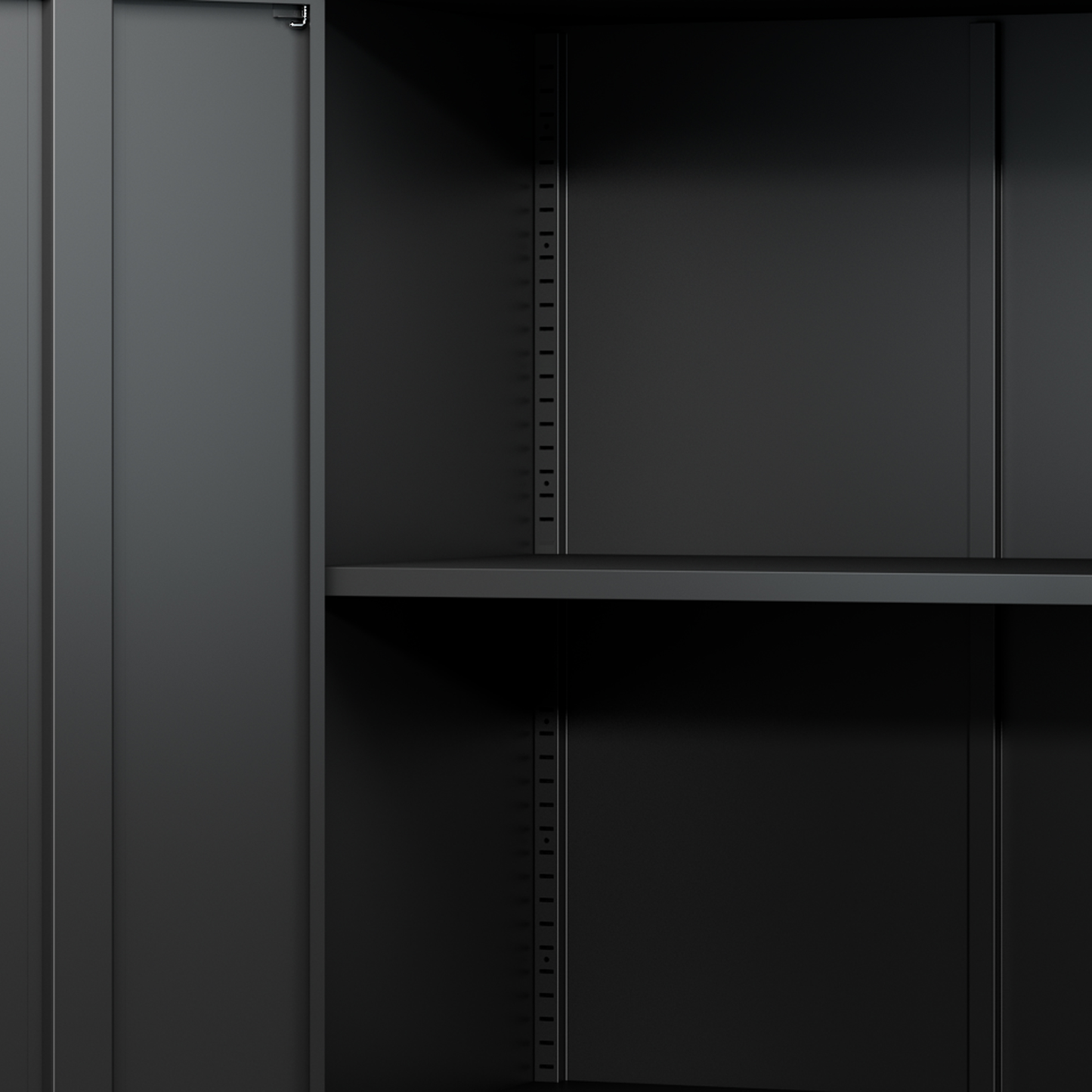 Black metal storage cabinet interior with adjustable shelf