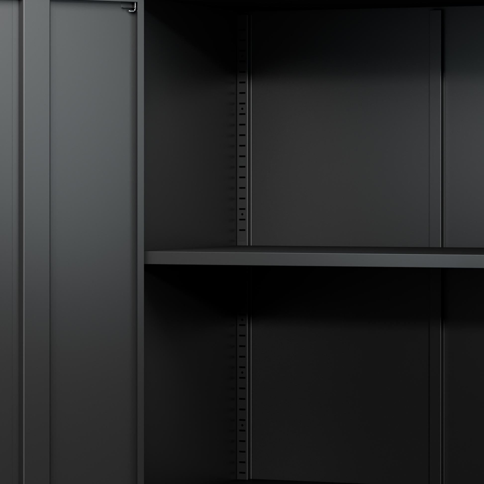 Black metal storage cabinet interior with adjustable shelf