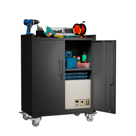 Black metal rolling tool cabinet stocked with drill hot glue gun and hardware organizers