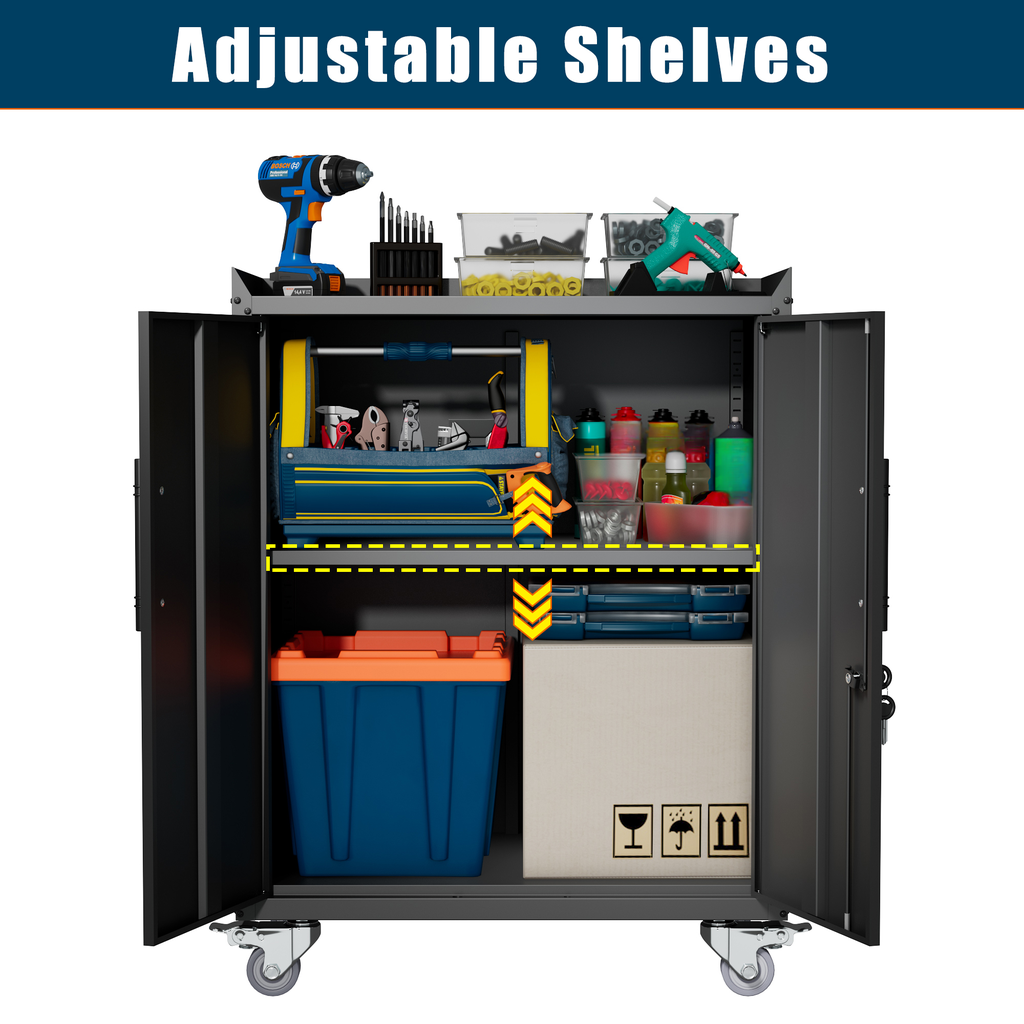 Black metal garage cabinet with adjustable shelves tools and storage bins