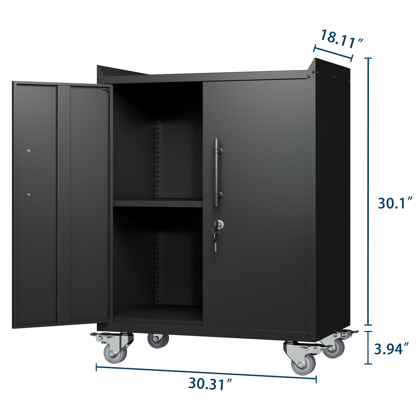 Black metal utility cabinet with two shelves and lockable doors on caster wheels
