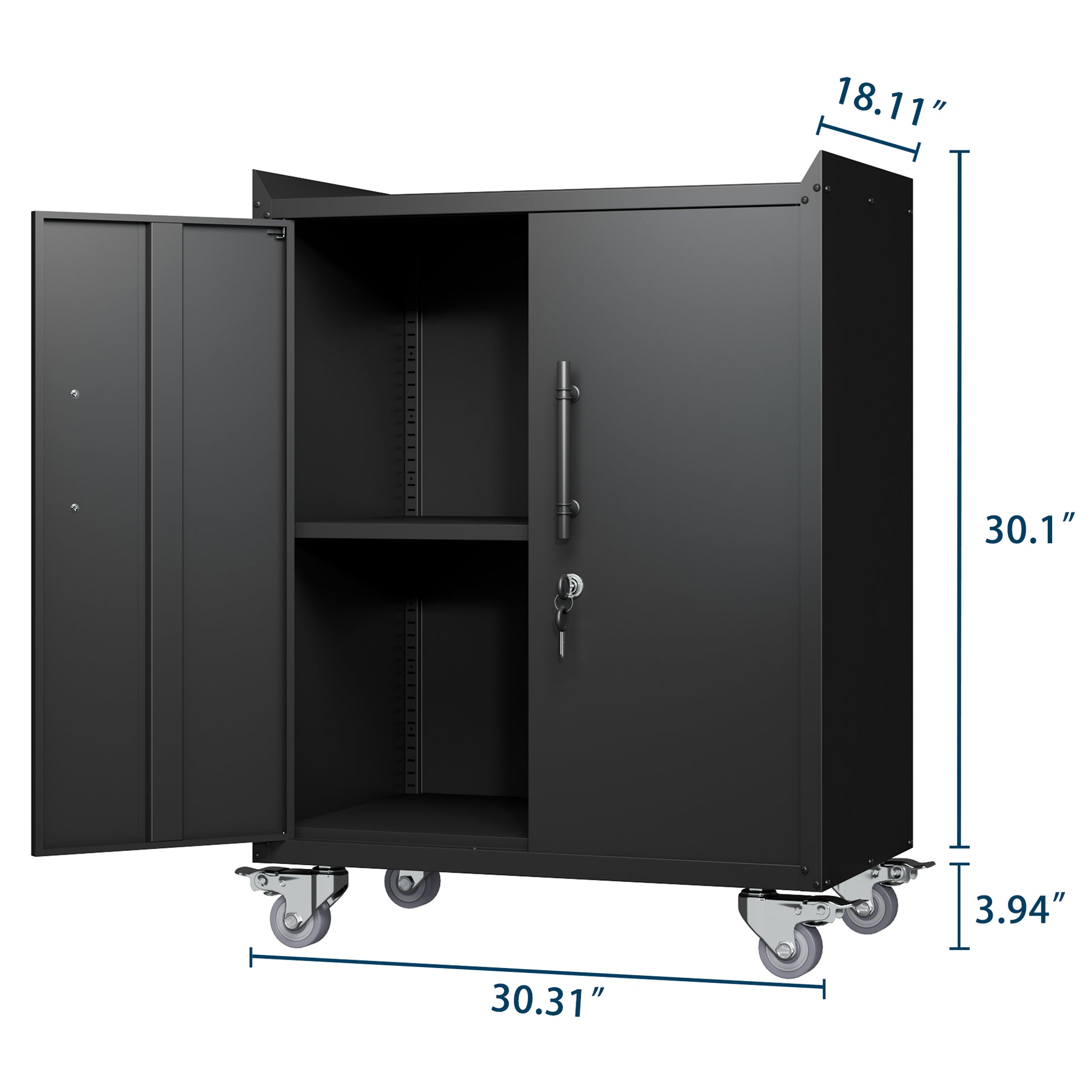 Black metal utility cabinet with two shelves and lockable doors on caster wheels