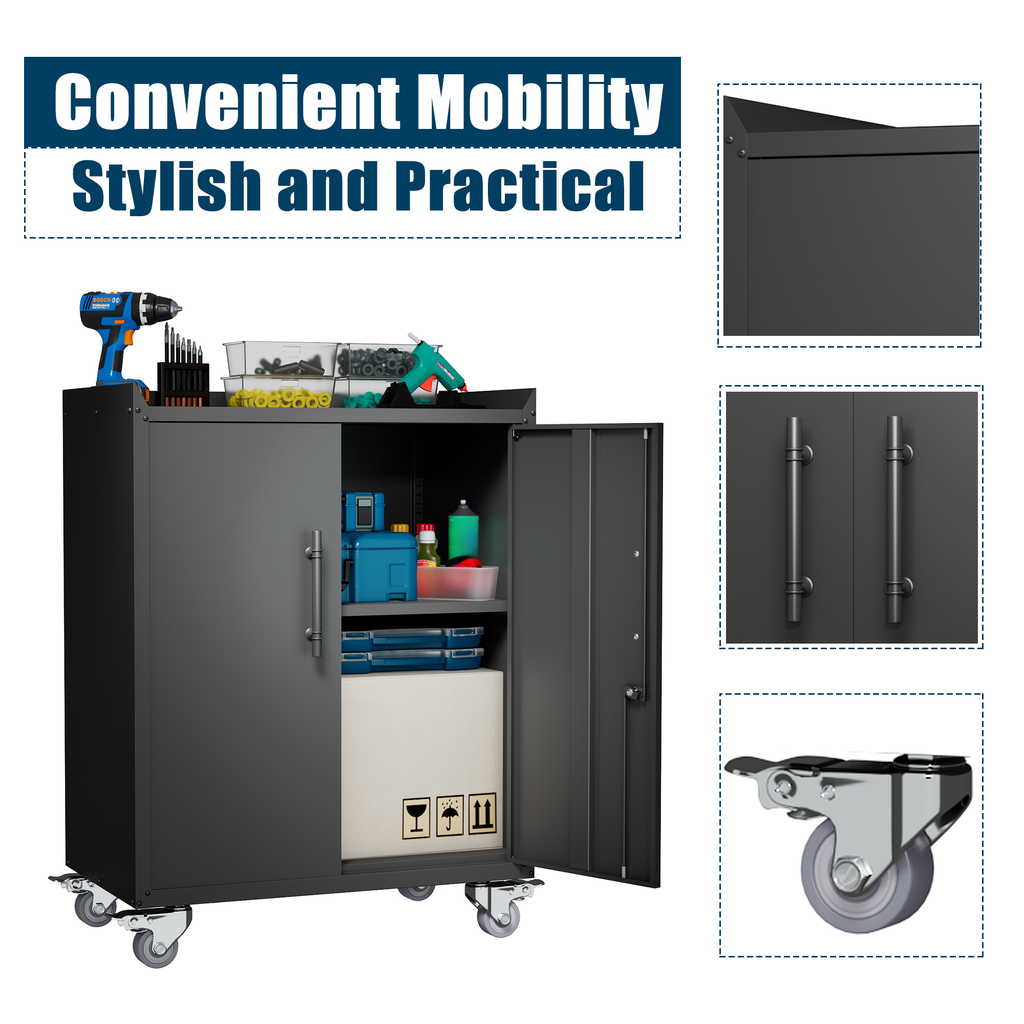 Dark gray metal rolling cabinet with tools supplies and storage boxes inside