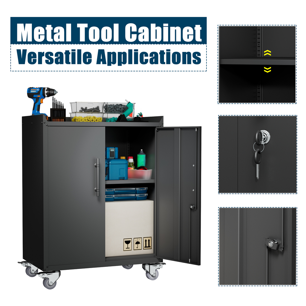 Dark gray metal tool cabinet with open doors showing tools and storage boxes
