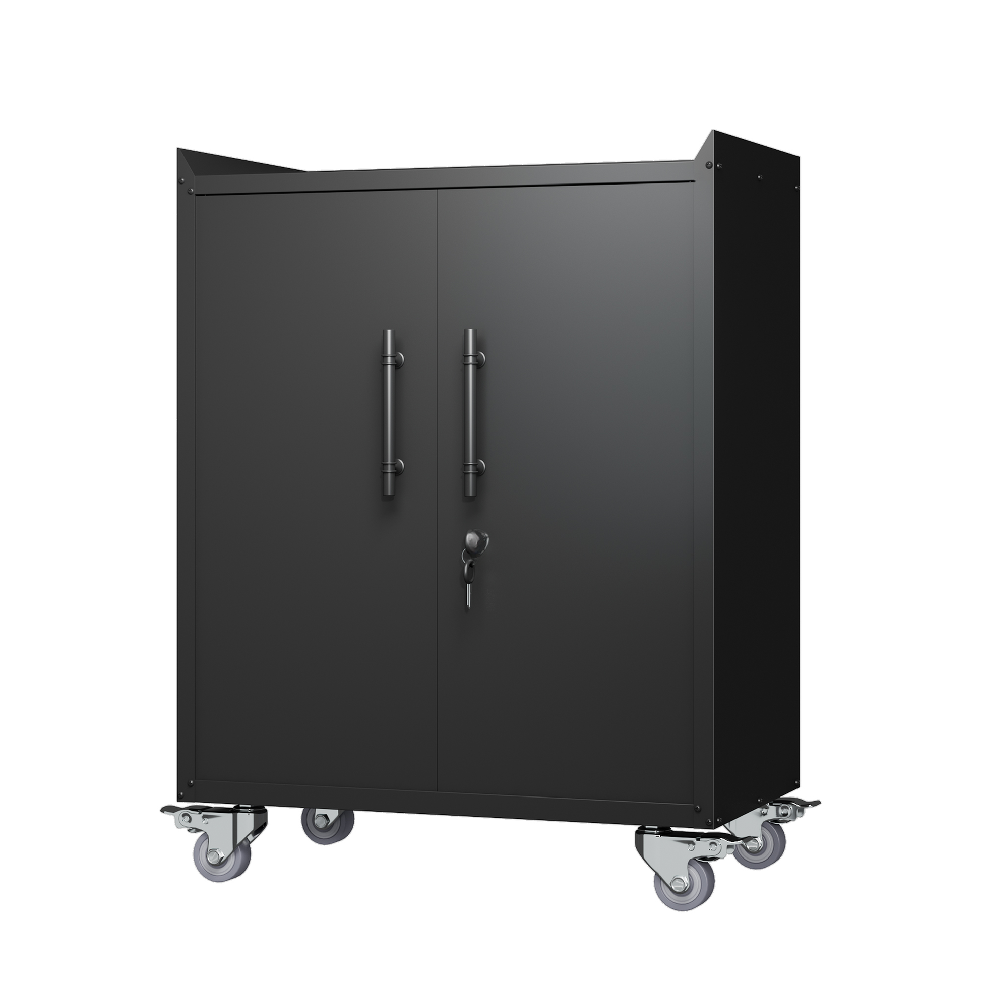 Black metal rolling tool cabinet with two doors and silver handles ideal for garage storage